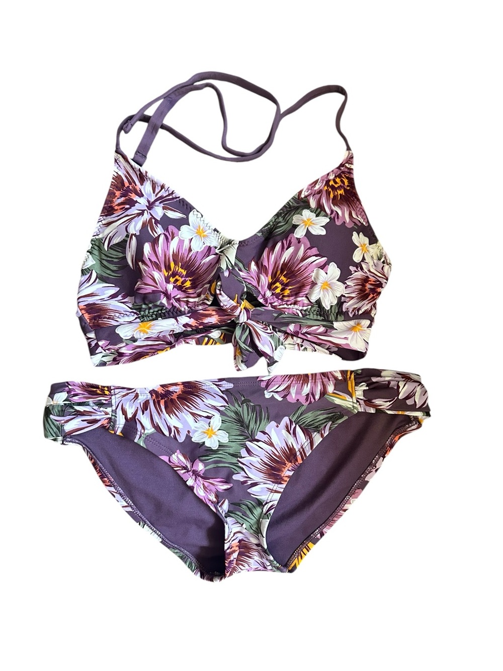 Kona Sol Floral Bikini Set Knotted Front Top‎ Size Small Matching Bottoms Size M